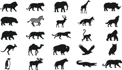 Fototapeta premium Black and white of various animals in profile, 24 style animal silhouettes horse