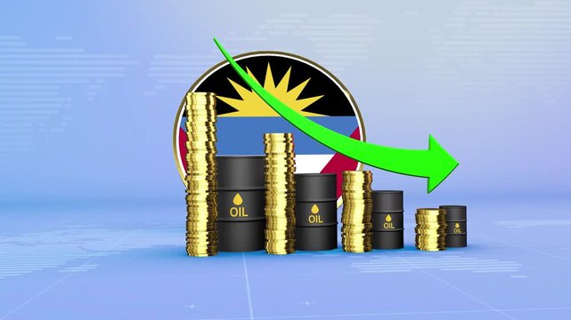Antigua and Barbuda Oil Prices Decline with Oil Barrels, Gold Coins and Downward Green Arrow, 3D Economic and Financial Market Concept