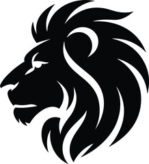 Black and white vector illustration of a majestic lion head side profile with a sharp stylized mane © MdRuhul