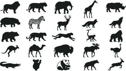 Obraz premium Black and white of various animals including mammals, birds, reptiles, and insects