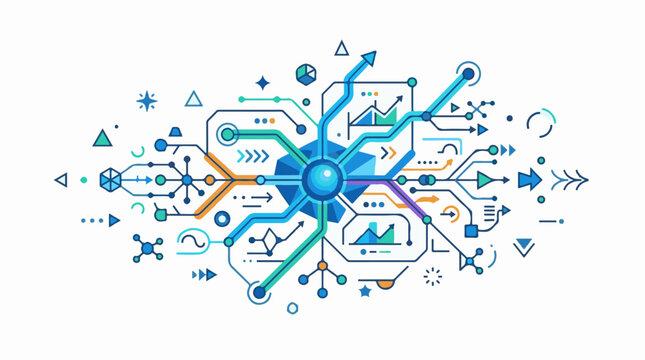 Abstract futuristic network with connected nodes and data flow symbols