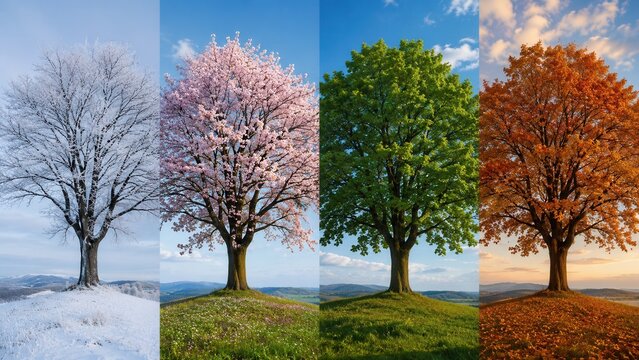 Four seasons tree collage showing winter spring summer and autumn seasonal nature transformation