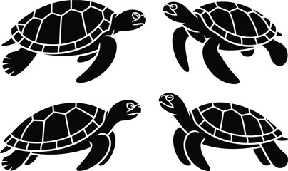 Four black silhouettes of sea turtles swimming in different directions with silhouette wildlife swimming collection isolated illustration creature underwater decoration minimalist movement © MstAsmaAkter