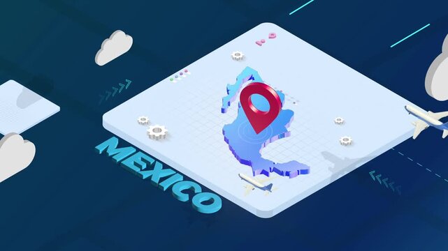 Isometric 3D Render of Mexico Map with Red Location Pin Pointer and Floating Airplanes