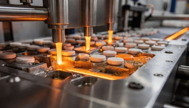 Molten polypropylene plastic flows into precision cavity molds to form durable lightweight bottle caps in a fastpaced injection molding process.