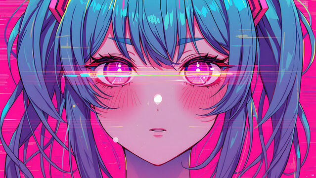 Glitchcore Anime Girl &ndash; Neon Psychedelic Horror Wallpaper