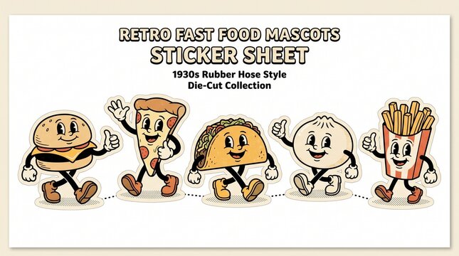 Retro fast food mascots sticker sheet collection in vintage 1930s rubber hose cartoon style