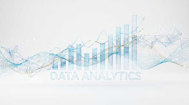 A complex interconnected network of glowing lines and bars represents data analytics.