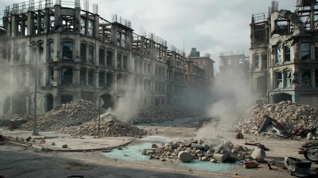 devastated city street with ruined buildings, piles of rubble and smoke after a disaster
