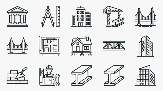 Dynamic Black and White Line Icons Set Featuring Architecture Construction Tools and Buildings with high quality professional line art symbols for modern creative design and digital branding projects