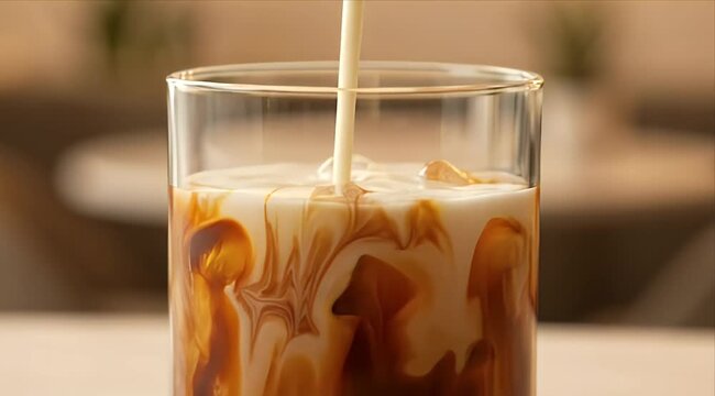Iced coffee cold drink milk glass swirl beverage refreshment summer season cafe style joy as creamy milk pours over ice creating smooth splash pattern in clear glass cold brew drink
