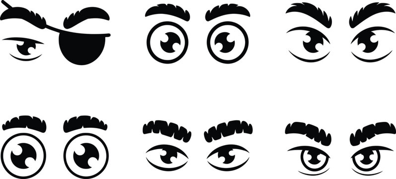 Assorted cartoon eye expressions including pirate eyepatch with expression eyepatch animation illustration collection character eyebrows observing monocular