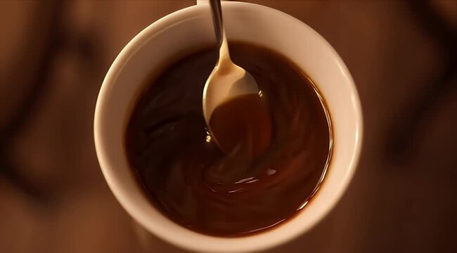 Warm coffee spoon cup drink brown hot liquid reflection swirl cozy morning beverage comfort mood rich aroma relaxation minimal style kitchen top view breakfast enjoyment