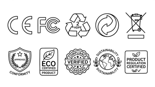Certification and Compliance Marks Line Art Vector Set CE, FCC, Recycling and Electronic Waste Symbols