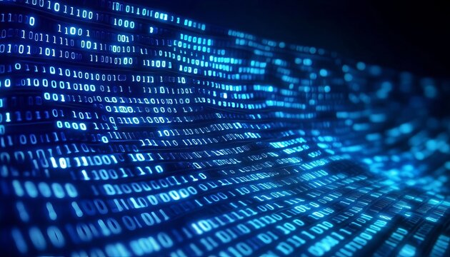 Abstract Background of Blue Binary Code Data Stream Flowing Across a Futuristic Dark Digital Screen