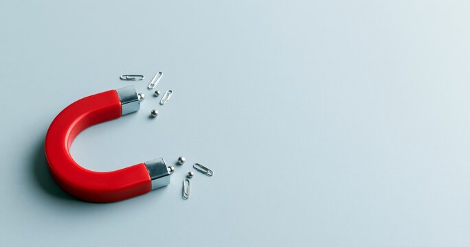 Red horseshoe magnet attracting metal clips