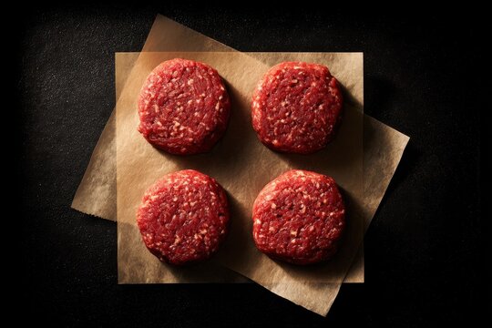 Photorealistic still life of raw beef patties with parchment dividers on a dark surface
