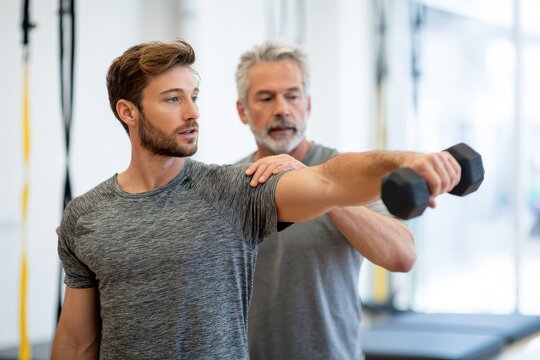 Physiotherapist guides male athlete through dumbbell shoulder rehabilitation in a clinical setting