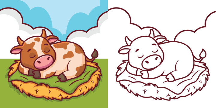 Cartoon illustration of a cow sleeping in the grass, animal coloring book illustration.