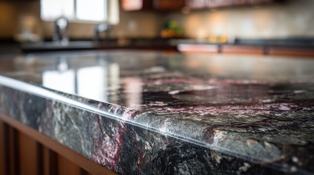 Polished granite countertop in a modern kitchen with natural veining and warm lighting
