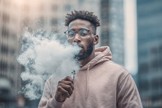 Portrait of a man vaping outdoors with a dramatic cloud of vapor in an urban setting