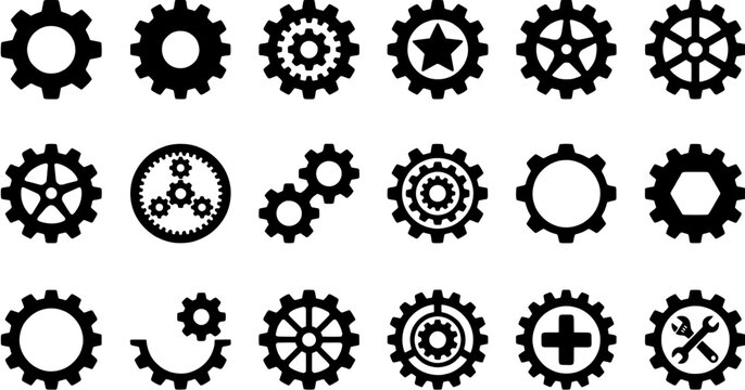 Gear icon set. Collection of various mechanical cogwheel shapes and industrial machine parts in silhouette style. Editable vector illustration on white background.