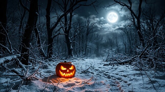 Glowing Halloween pumpkin in a dark forest at night illustration