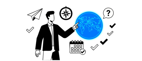 Global business travel planning businessman pointing at blue globe. Vector illustration of international logistics, flight routes scheduling, calendar checklist, and corporate direction strategy art. © Dinali
