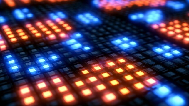 Abstract Background with Dynamic Digital LED Grid of Illuminated Blue and Orange Square Pixels