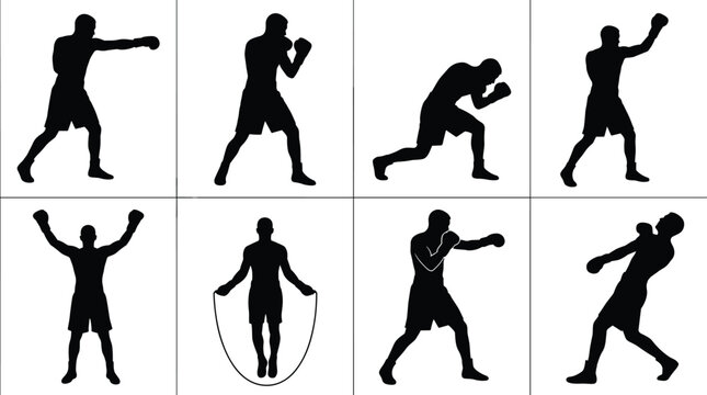 Boxing silhouettes with athletes training, punching, defending, and celebrating in dynamic action poses