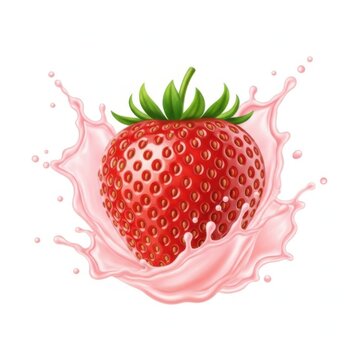 Fresh red strawberry splashing in sweet pink milk or creamy yogurt isolated on white background
