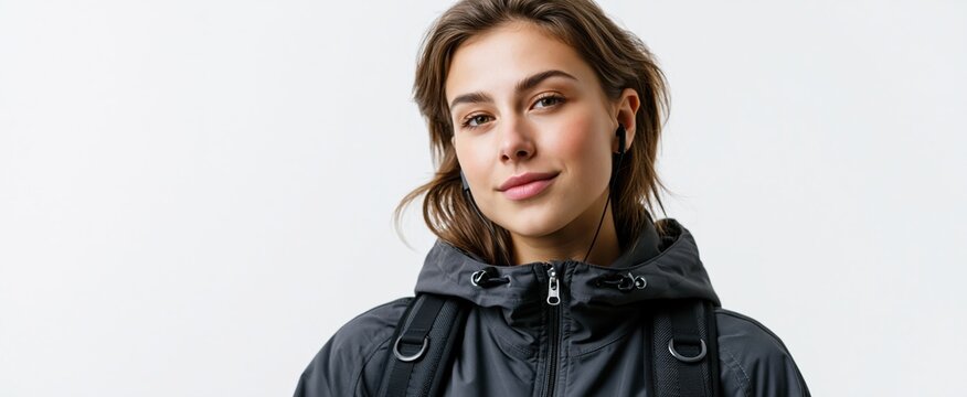 Young woman with earbuds and backpack on white background promoting trendy travel gear for teens.