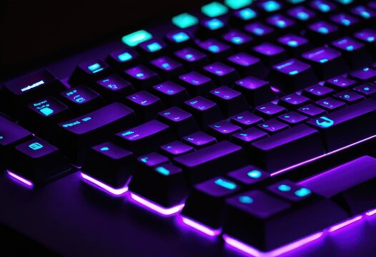 Gaming keyboard with vibrant purple and blue RGB backlighting glowing in the dark