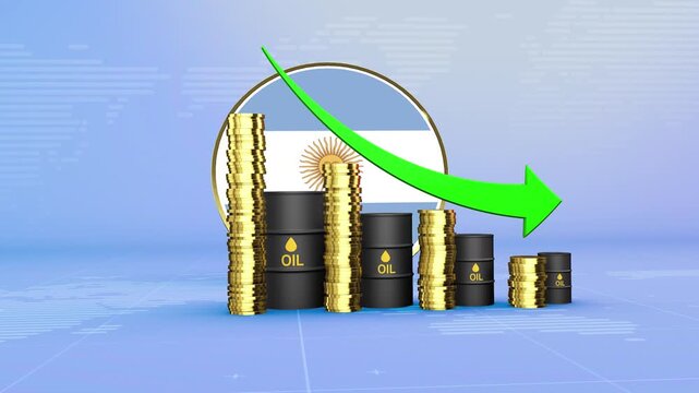 Argentina Oil Prices Decline with Oil Barrels, Gold Coins and Downward Green Arrow, 3D Economic and Financial Market Concept