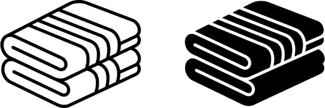 Towel stack icon set. Folded bathroom textiles collection in line art and solid silhouette style. Editable vector illustration on white background.