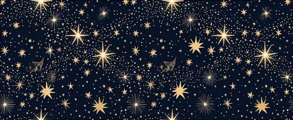 Fototapeta premium Starry night pattern with glowing celestial shapes on dark blue background for festive wrapping and decor.