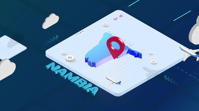 Isometric 3D Render of Nambia Map with Red Location Pin Pointer and Floating Airplanes