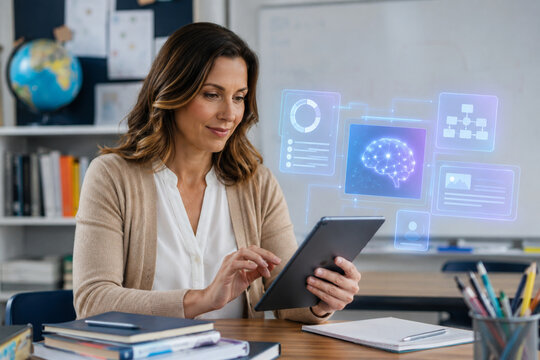 A female teacher uses a digital tablet to interact with artificial intelligence data in a classroom setting.