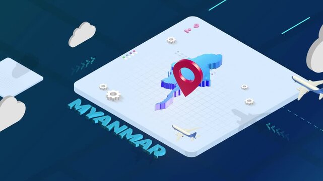 Isometric 3D Render of Myanmar Map with Red Location Pin Pointer and Floating Airplanes