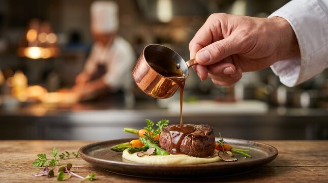 A chef's hand elegantly drizzles rich gourmet sauce onto a perfectly plated steak with vibrant vegetables, showcasing culinary artistry and fine dining precision