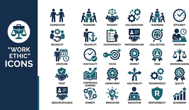Work ethic icons illustrate professional values and corporate standards in a grid collection.