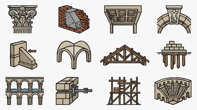 Corporate Set of Classic Architectural Elements and Construction Techniques in Monochromatic Line Art