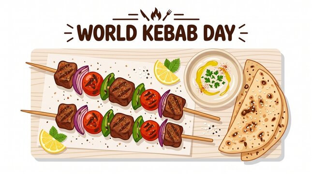World Kebab Day celebration banner, grilled meat skewers with vegetables on wooden board, traditional middle eastern shish kebab with pita bread and sauce
