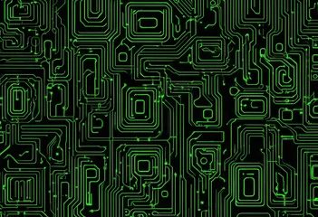 Seamless pattern of an electronic circuit board with geometric green neon lines on black © RYOTA IWASAKI