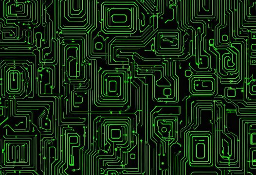 Seamless pattern of an electronic circuit board with geometric green neon lines on black