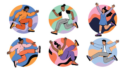 Fototapeta premium Energetic diverse people jumping and running in colorful circles celebrating freedom and joy in modern flat illustration style