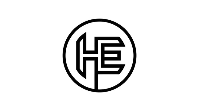 Circular HE monogram logo in black.