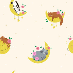 Obraz premium Seamless pattern with cute cartoon animals sleeping on pink moons with stars