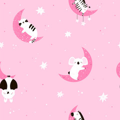 Obraz premium Seamless pattern with cute cartoon animals sleeping on pink moons with stars