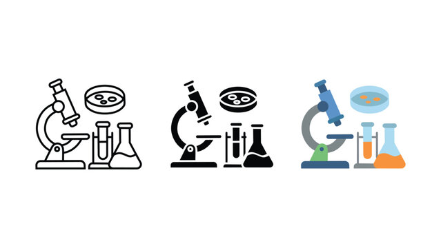 Laboratory microscope and chemistry glassware icon set outline silhouette and color vector isolated on white background
